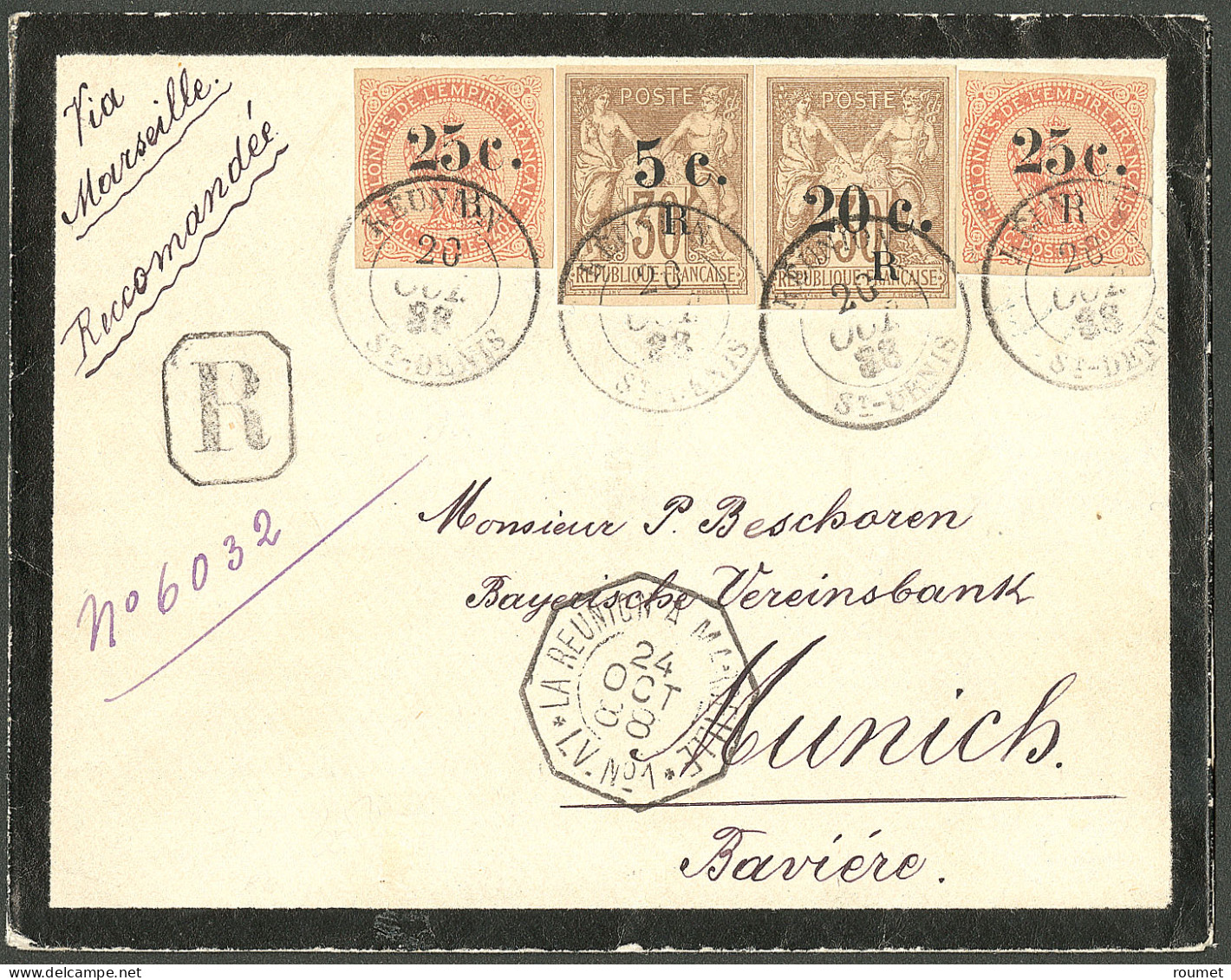Lettre Cad "Réunion/St Denis. Nos 4 + 5 + 7 + 10 Sur Enveloppe Recommandée Pour Munich. Au Recto, Cad Octog. "La Réunion - Other & Unclassified