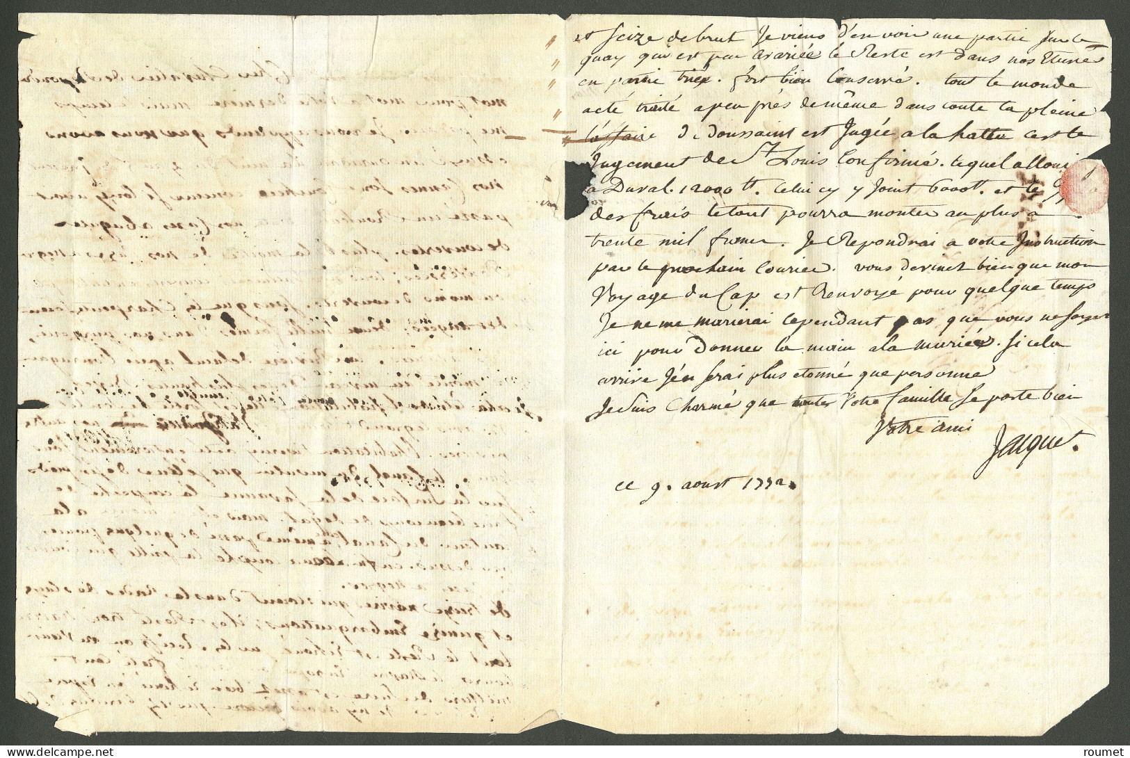 Lettre Cayes (Jamet N°2). Lettre Avec Superbe Texte Mentionnant L'ouragan De 1772, Daté Du 9 Août 1772 Pour Le Cap. TB. - Haiti