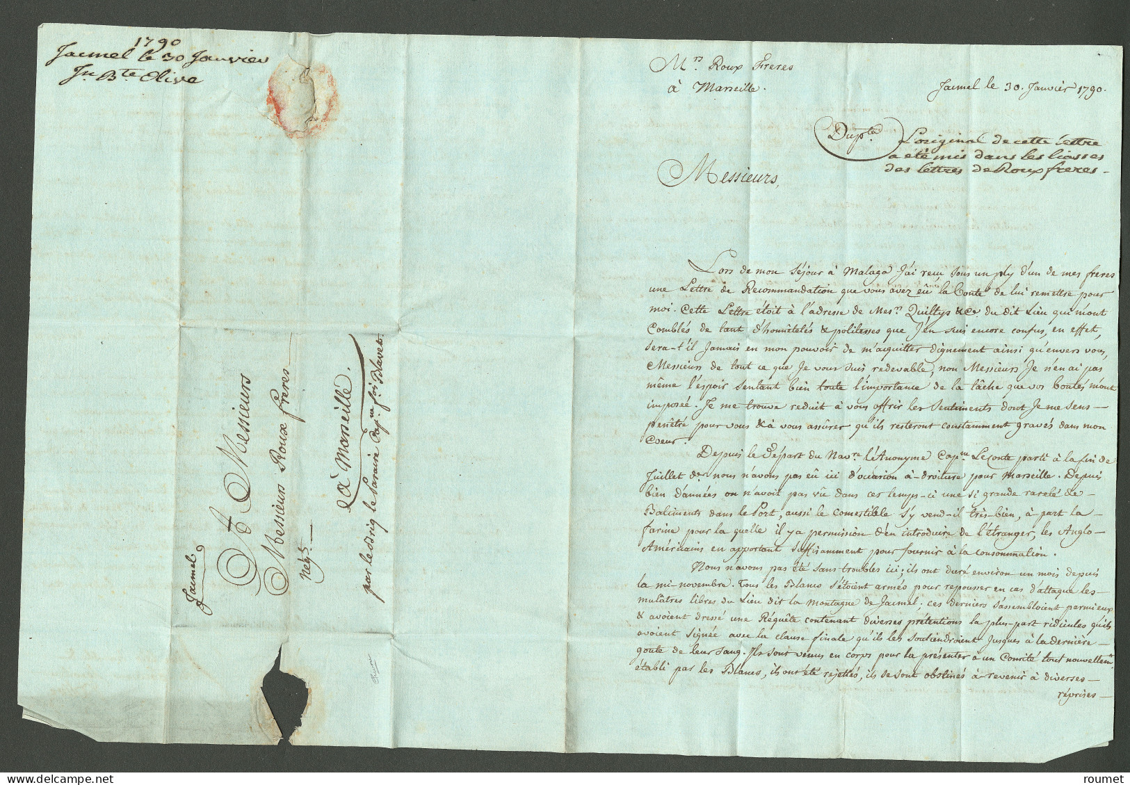 Lettre Jacmel (Jamet N°8). Lettre Avec Texte Daté Du 30 Janvier 1790 Pour Marseille. Au Recto, Mention D'acheminement. T - Haiti