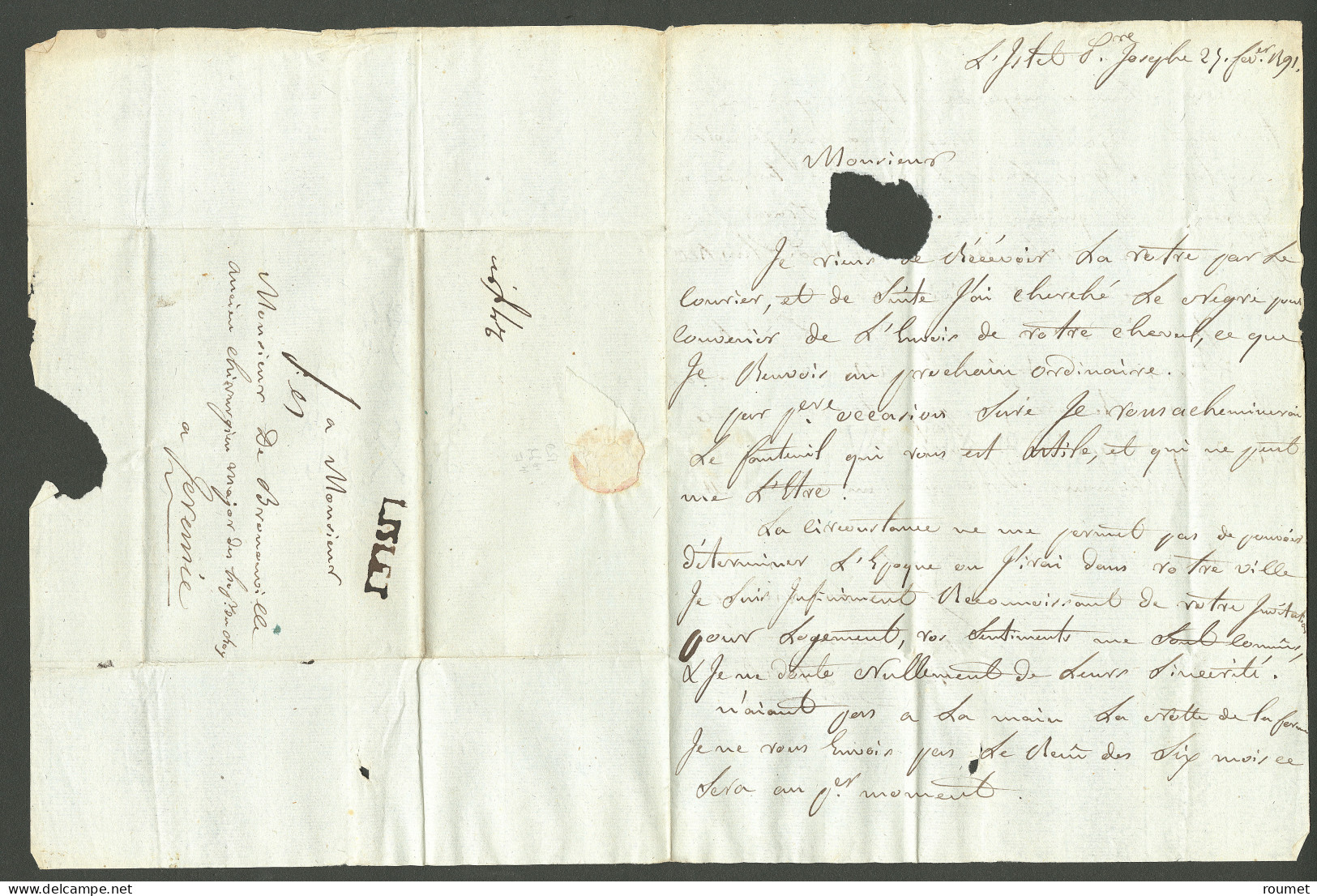 Lettre L'islet (Jamet N°2). Lettre Avec Texte Daté L'Islet St Joseph Le 25 Février 1791, Pour Jérémie. - TB. - R - Haïti