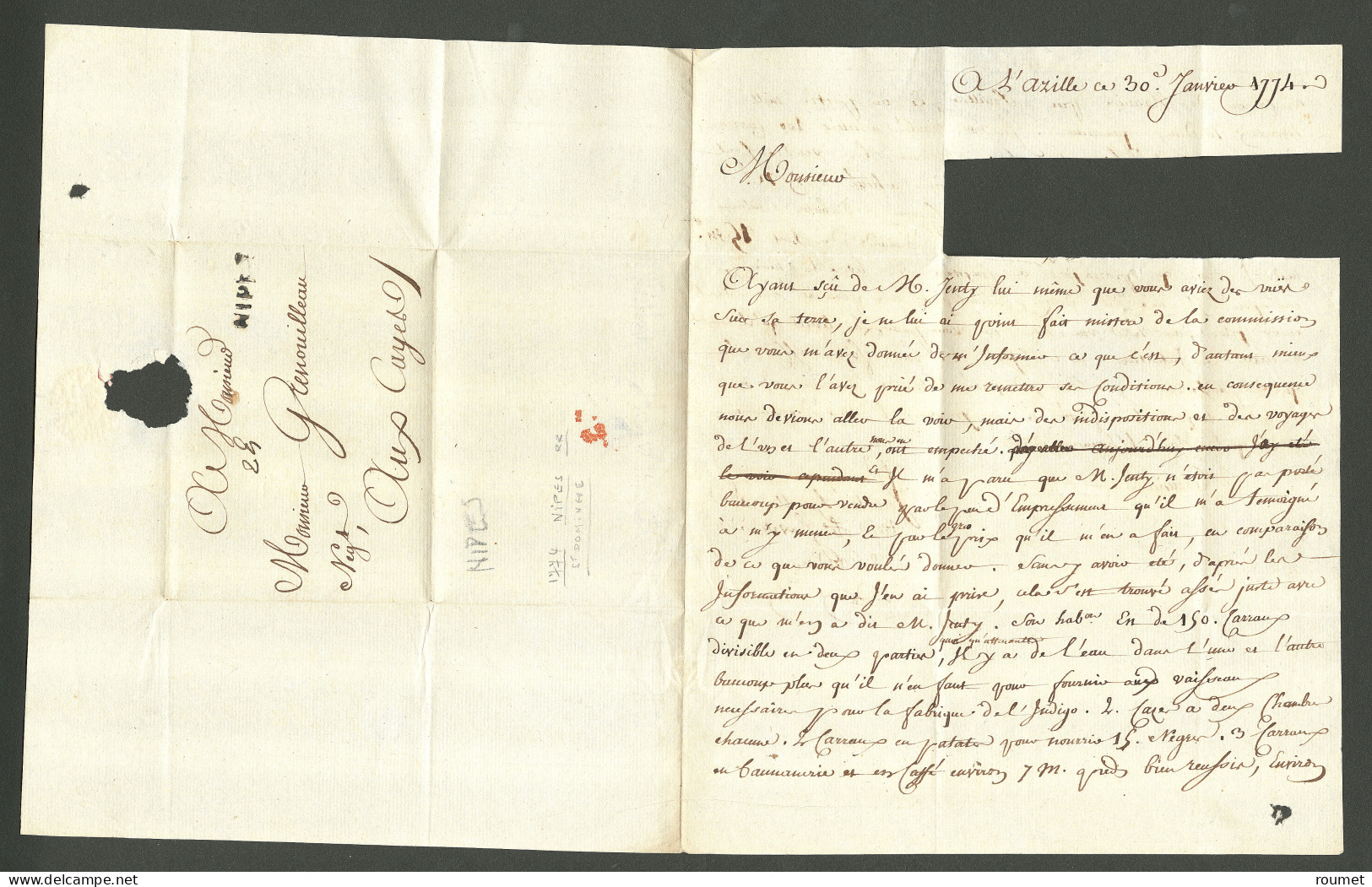 Lettre Nippes (Jamet N°1). Lettre Avec Texte Daté à L'Azille Le 30 Janvier 1774 Pour Les Cayes. - Haiti