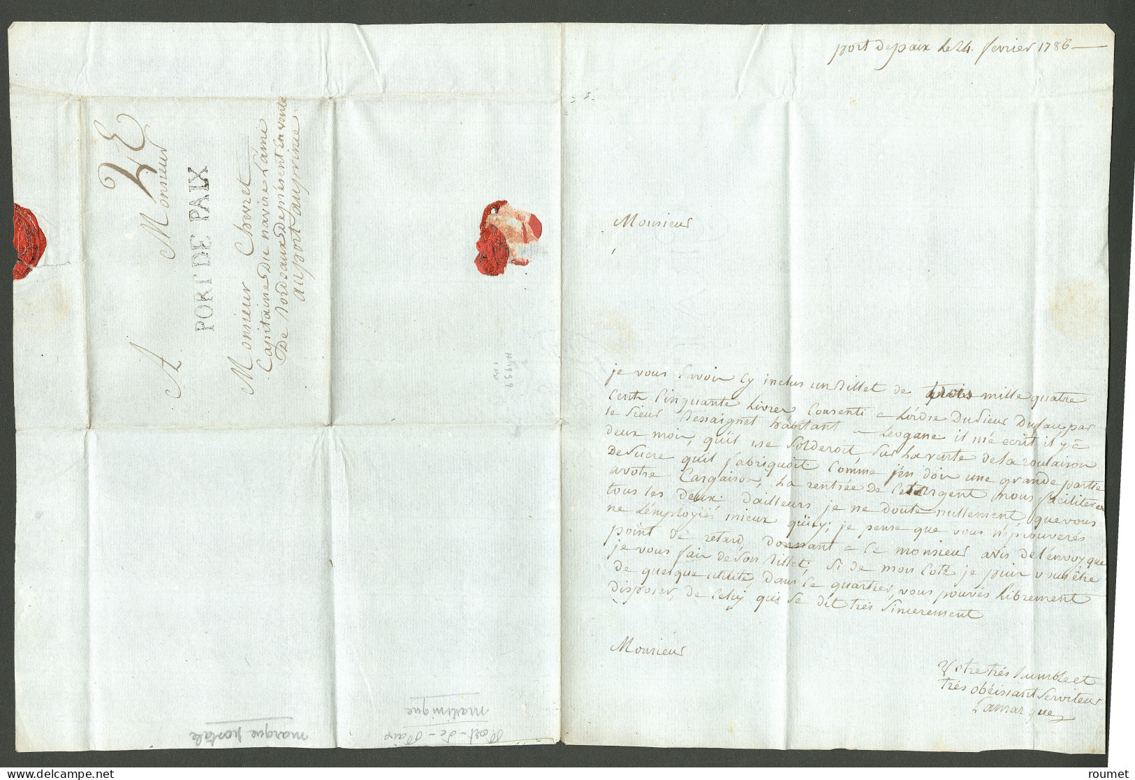 Lettre Port De Paix (Jamet N°3). Lettre Avec Texte Du 4 Février 1786 Pour Port Au Prince. TB - Haïti