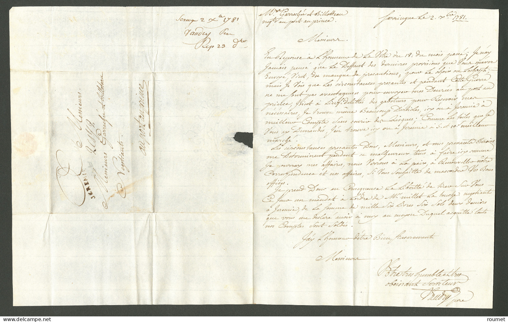 Lettre Jeremie (Jamet N°2). Lettre Avec Texte Daté Du 2 Décembre 1781 Pour Port Au Prince. TB. - Haití