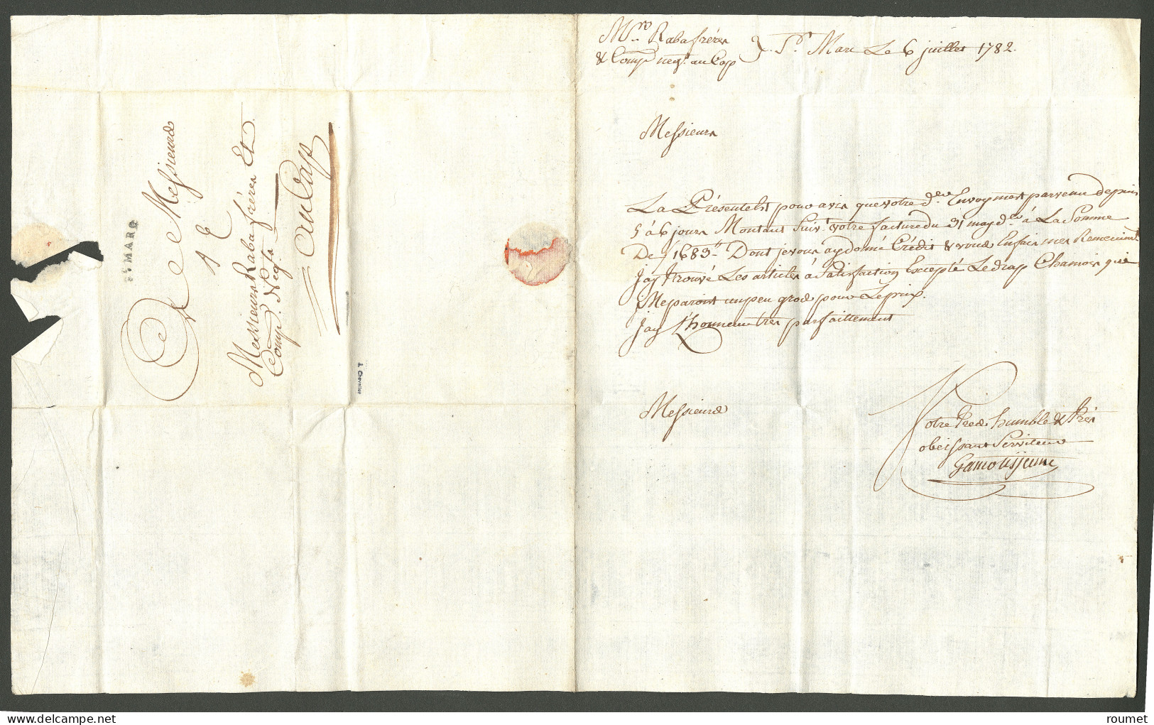 Lettre St Marc (Jamet N°5). Lettre Avec Texte Daté Du 6 Juillet 1782 Pour Le Cap. - TB - Haïti