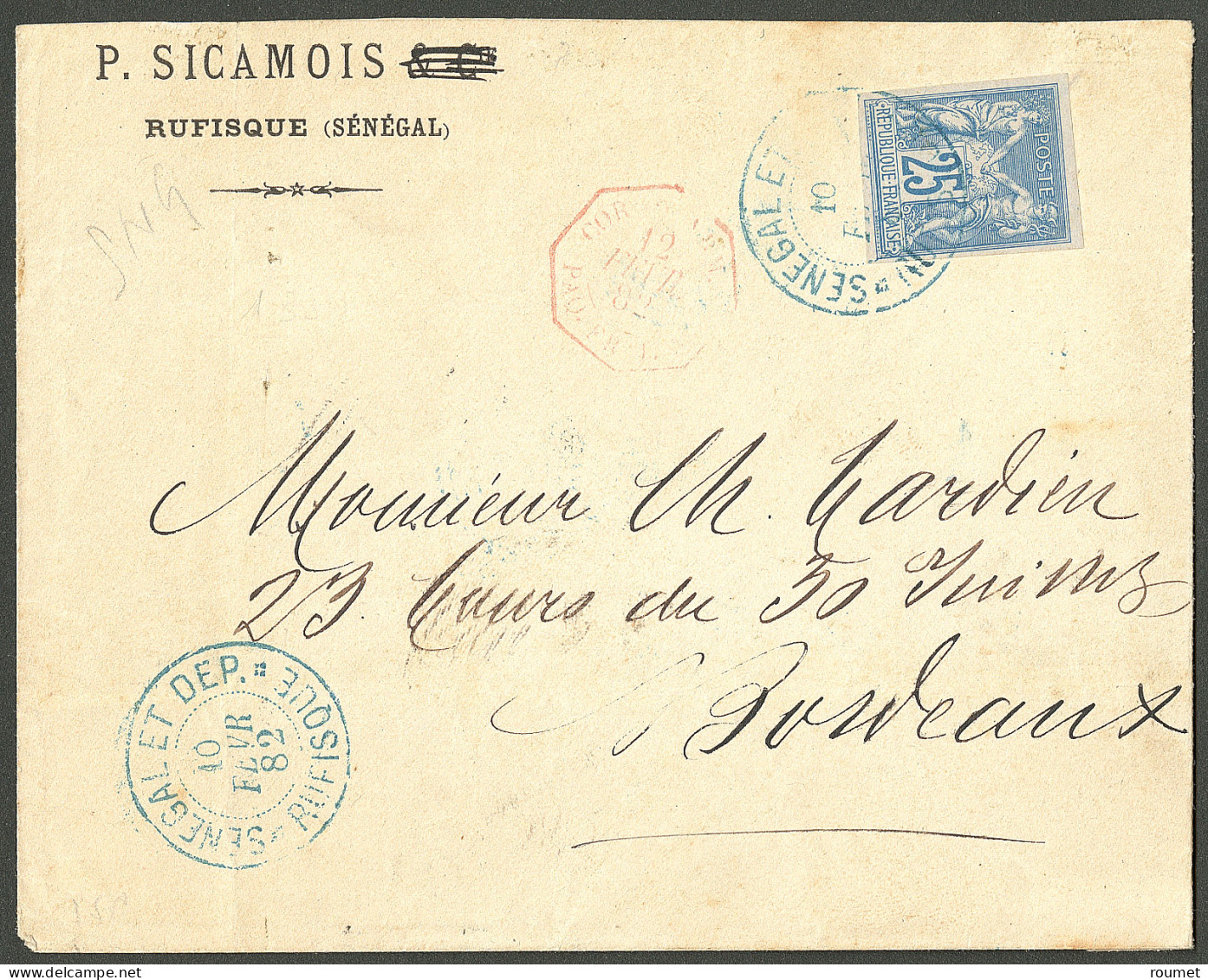 Lettre Grand Cachet Bleu "Sénégal Et Dep/Rufisque". CG No 35 Sur Enveloppe Pour Bordeaux, 1882. - TB. - R - Sonstige & Ohne Zuordnung