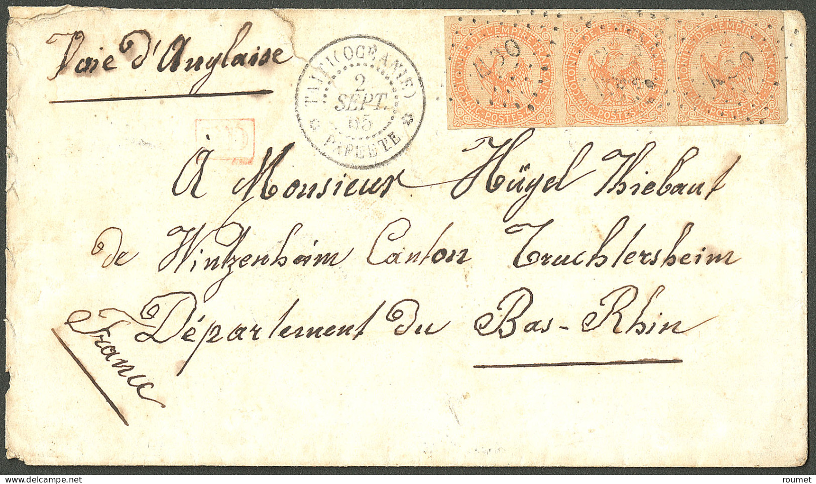 Lettre Losange "OCN" Sur CG N°5 Bande De Trois, à Côté Cad "Taiti(Océanie)/Papeete", 1865, Sur Enveloppe Pour Wintzenhei - Other & Unclassified