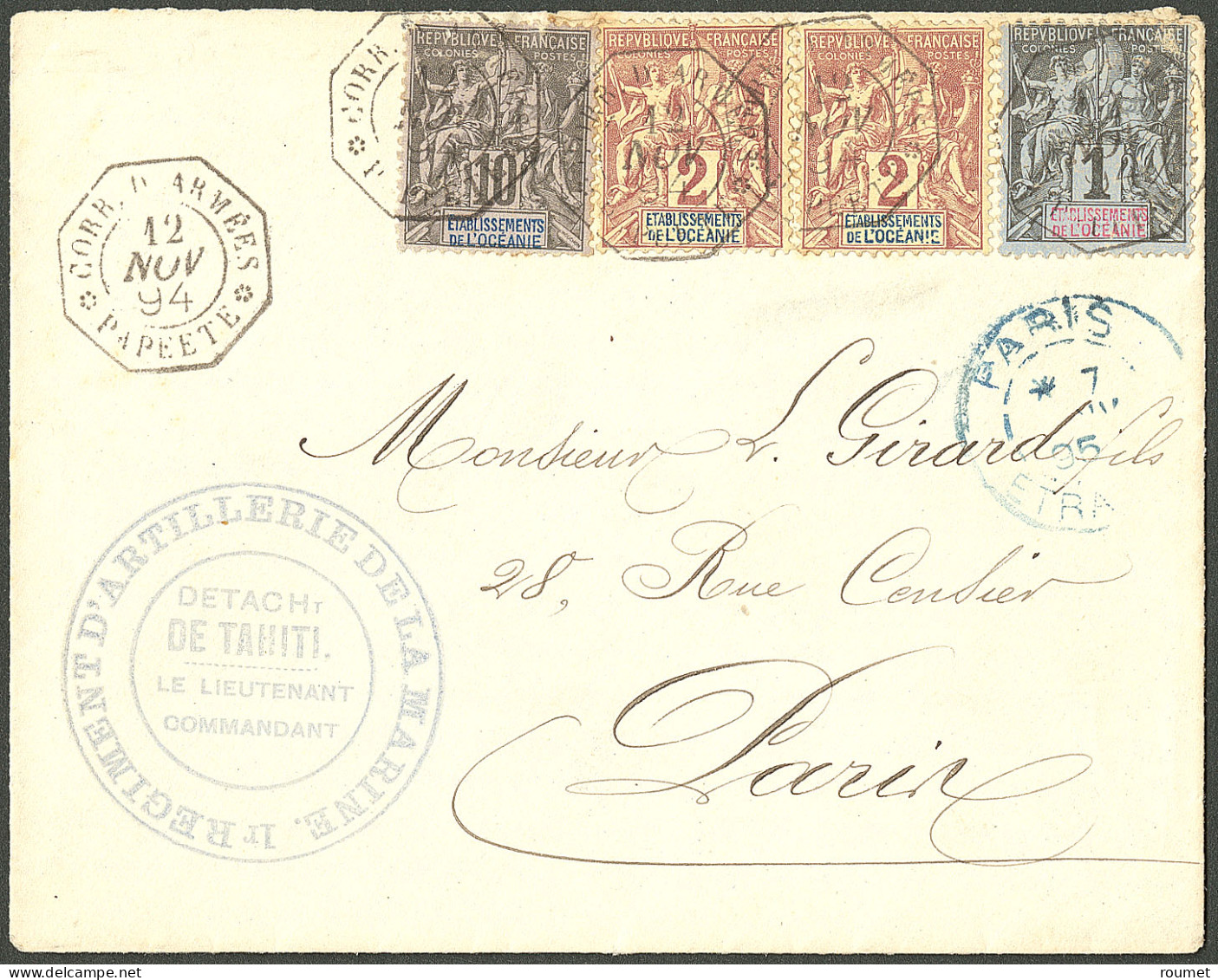 Lettre Cad Octog "Corr. D'Armées/Papeete" Sur Océanie N°1 + 2(2) + 5, 1894, Sur Enveloppe Au Tarif Militaire Pour Paris. - Other & Unclassified