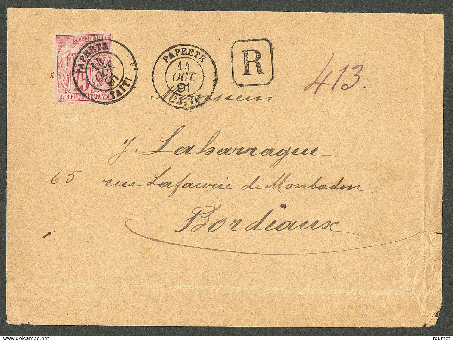 Lettre Cad "Papeete/Taiti". CG No 58 Sur Enveloppe Recommandée Pour Bordeaux, 1891. - TB - Autres & Non Classés