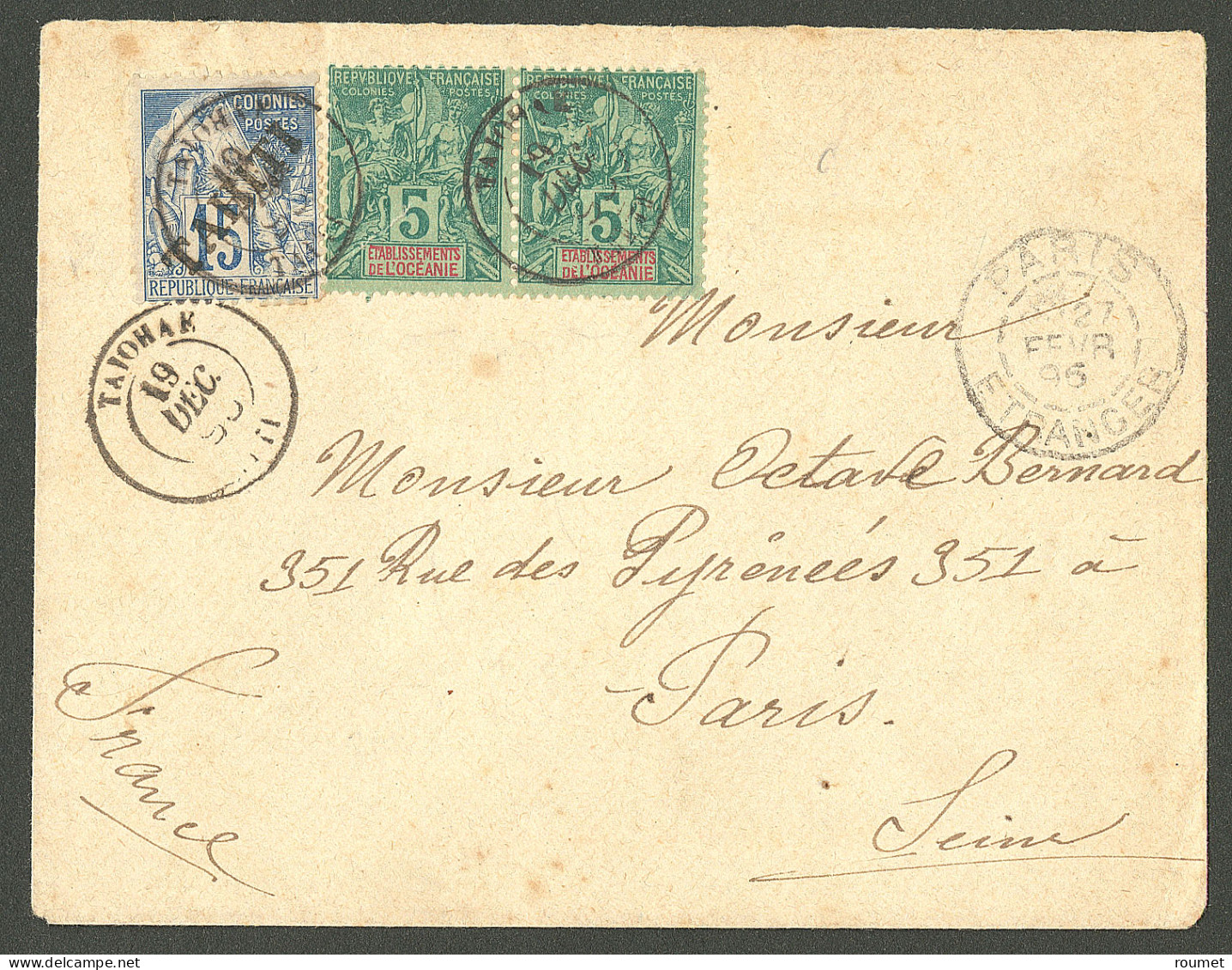 Lettre Cad "Taiohaé/Taiti". No 12 + Océanie N°4 Paire, Sur Enveloppe Pour Paris, 1896. - TB. - R - Sonstige & Ohne Zuordnung