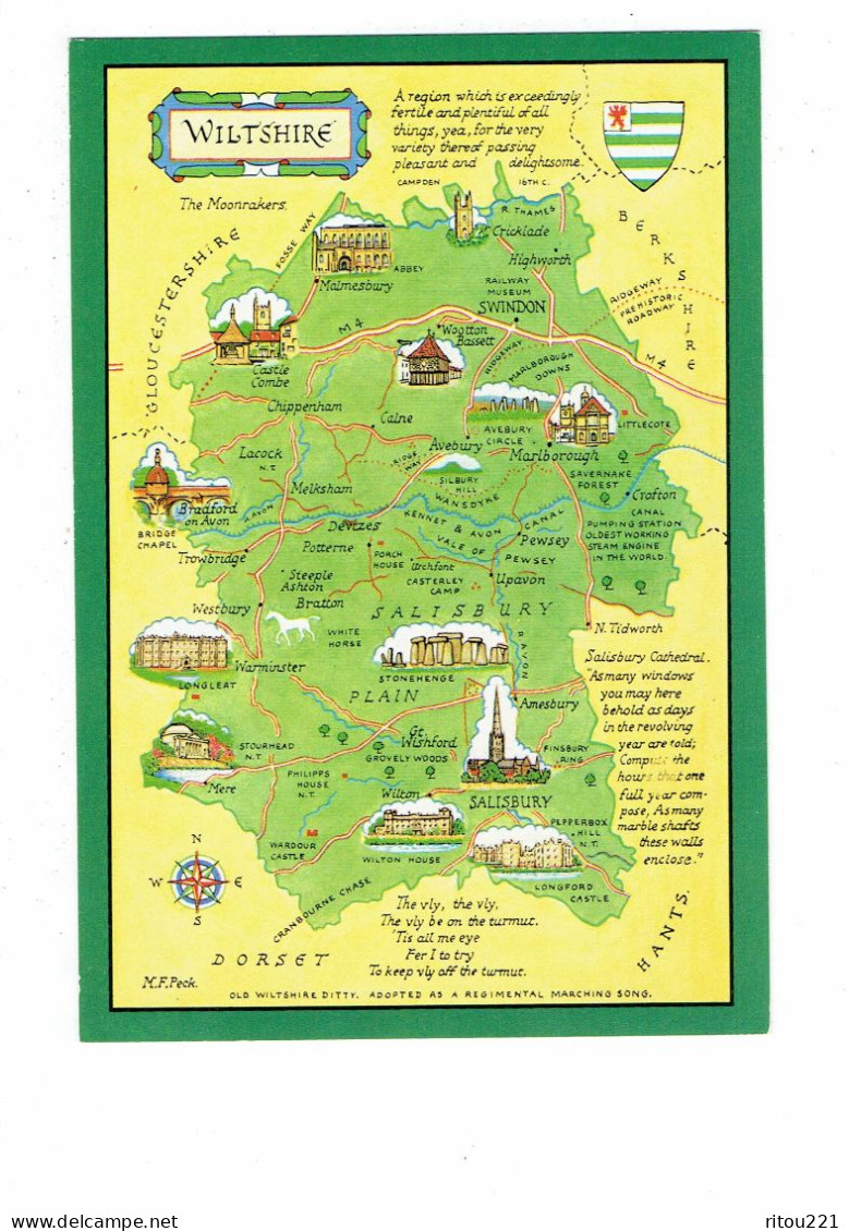 Cpm -  Carte Géographique - Wiltshire - Illustration Dolmen Menhir Chateau Tour - Cartes Géographiques