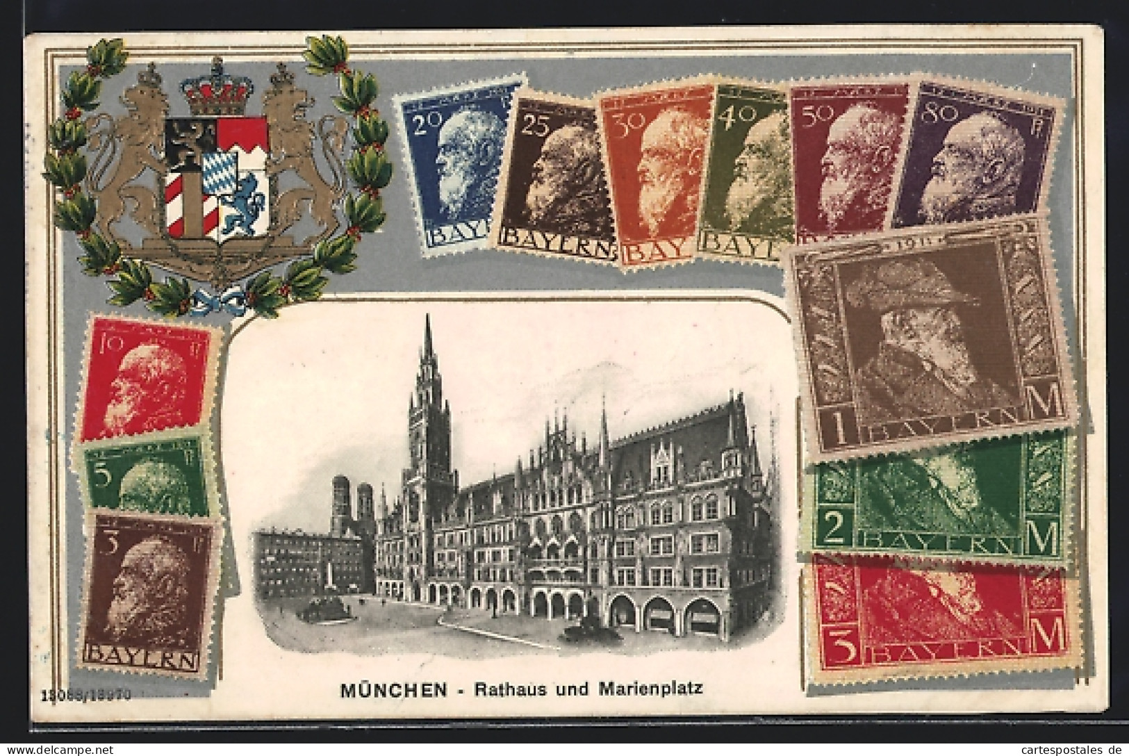 AK München, Rathaus Und Marienplatz, Briefmarken Und Wappen  - Briefmarken (Abbildungen)