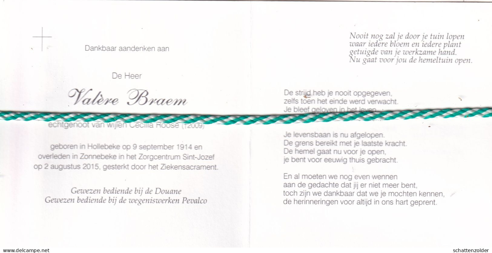 Valère Braem-Roose, Hollebeke 1914, Zonnebeke 2015. Honderdjarige; Foto - Obituary Notices