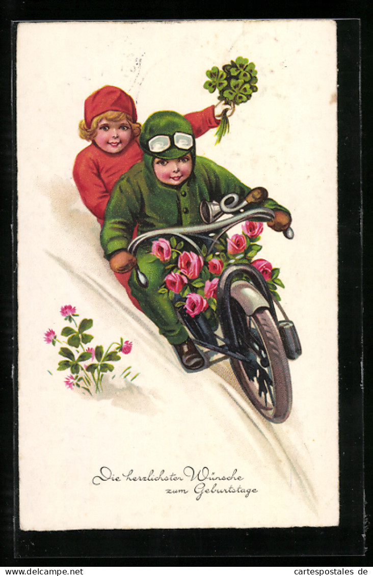 Künstler-AK Kleines Paar Auf Dem Motorrad Mit Rosen Und Kleeblatt  - Motorräder