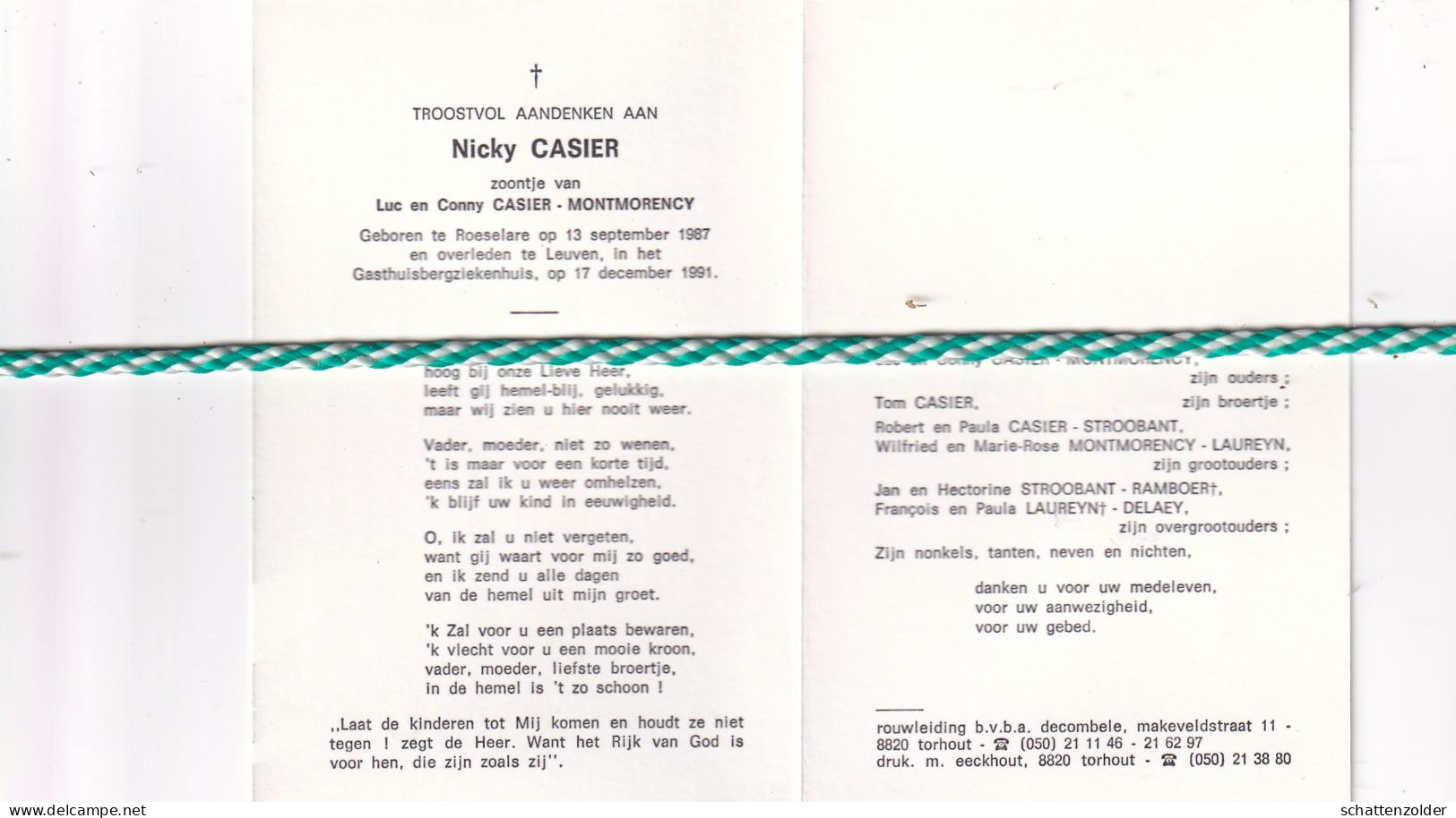 Nicky Casier-Montmorency, Roeselare 1987, Leuven 1991. Foto - Overlijden