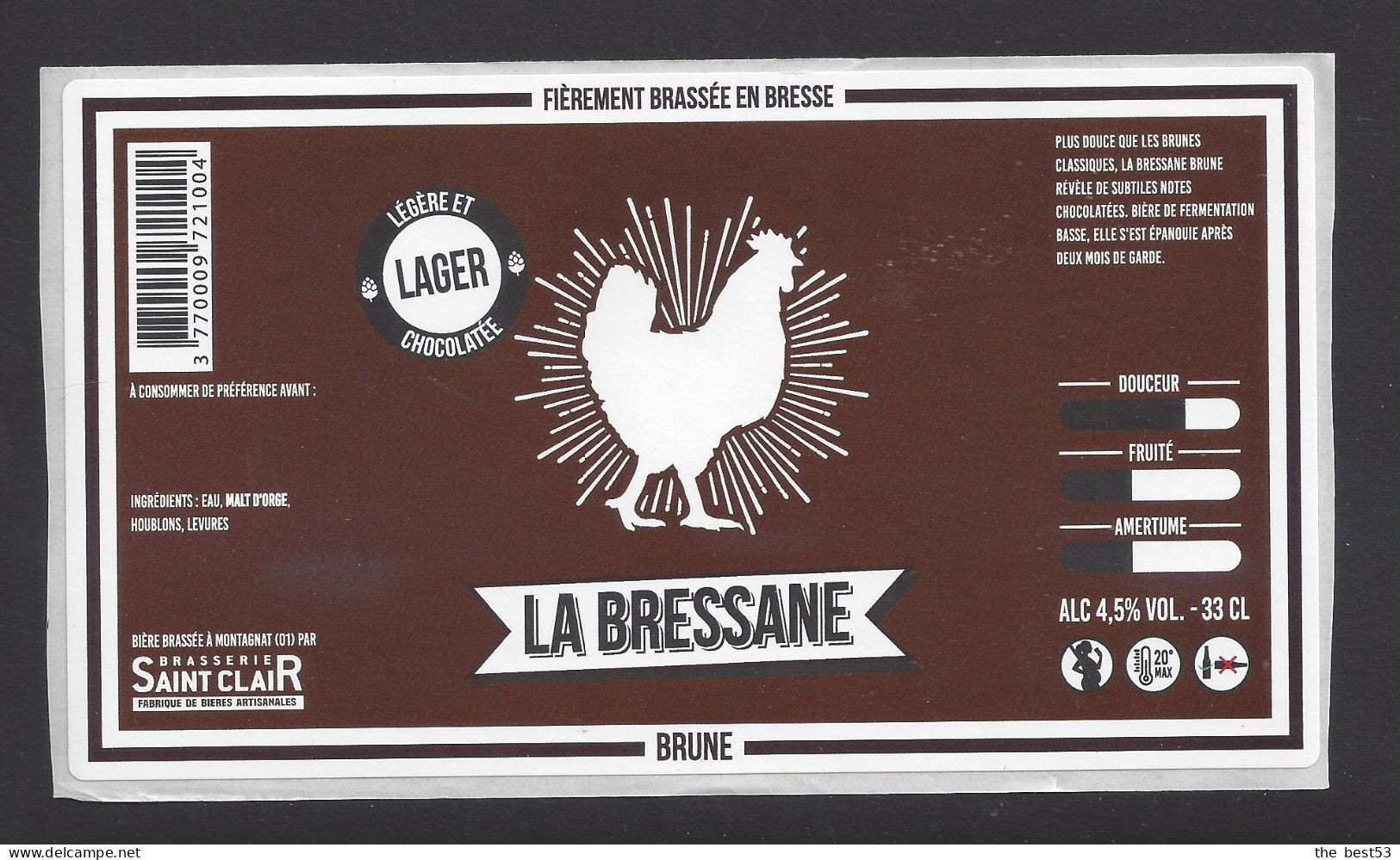 Etiquette De Bière Brune 33 Cl  -  La Bressane -  Brasserie Saint Clair à Montagnat  (01) - Bière