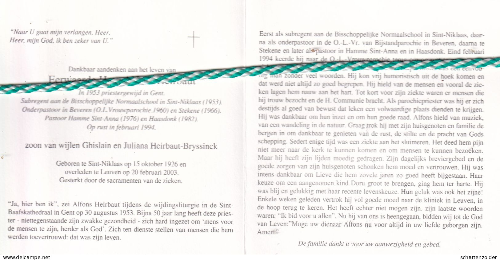 Priester Alfons Heirbaut, Sint-Niklaas 1926, Leuven 2003. Beveren,Stekene,Hamme,Haasdonk. - Obituary Notices
