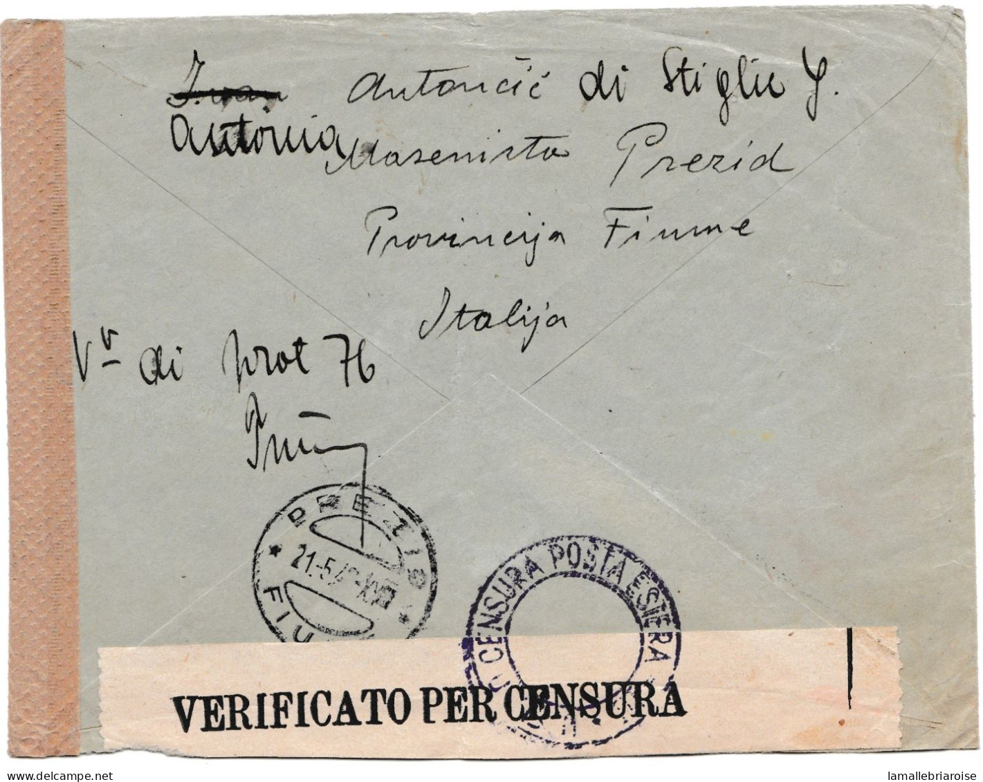 Italie, Enveloppe De Prezio Du 21/5/42 Pour Aissee, Marques De Censure - Militaire Post (PM)