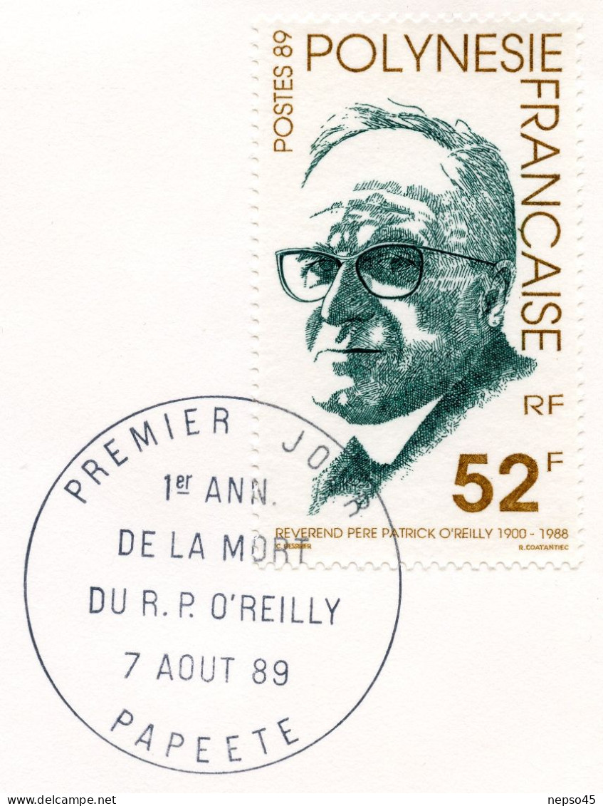 Enveloppe Timbres Premier Jour D'émission.Polynésie.Papeete 7 Aout 89.Polynésie Française Révérend Père Patrick O'reilly - Sonstige & Ohne Zuordnung