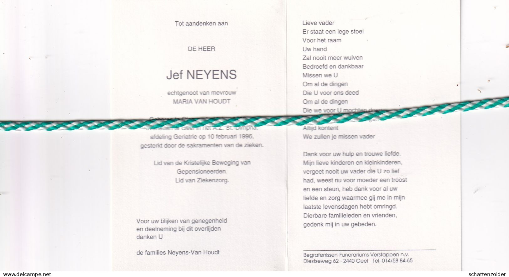 Jef Neyens-Van Houdt, Olen 1916, Geel 1996; Foto - Avvisi Di Necrologio