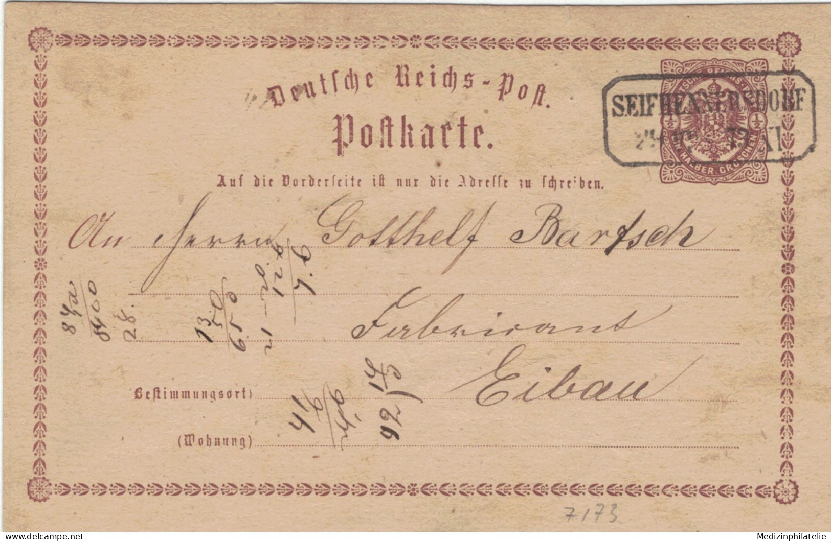 Ganzsache 1/2 Groschen - Seifhennersdorf 1873 > Bartsch Eibau - Cartoline