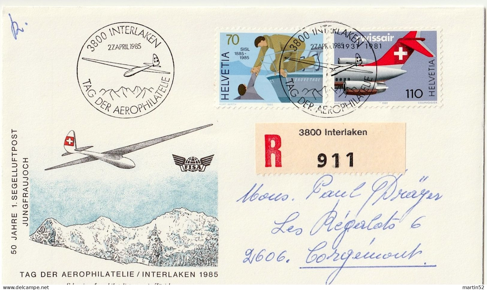 Schweiz Suisse 1985: 50 JAHRE 1.SEGELLUFTPOST JUNGFRAUJOCH Mit ⊙ INTERLAKEN 27.APRIL 1985 TAG DER AEROPHILATELIE - First Flight Covers