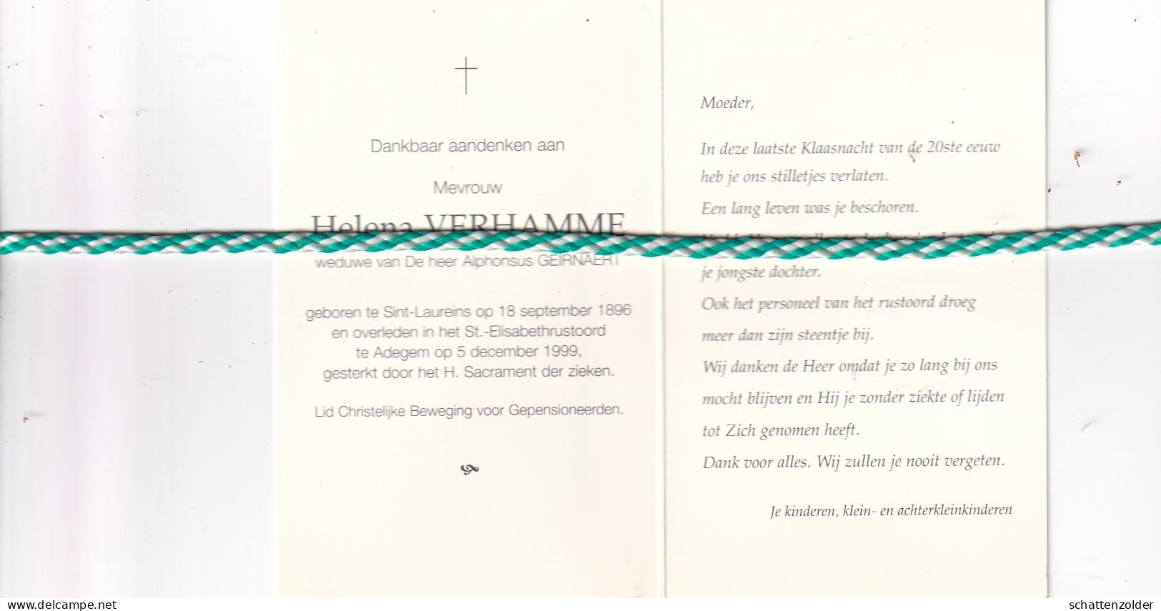 Helena Verhamme-Geirnaert, Sint-Laureins 1896, Adegem 1999. Honderdjarige. Foto - Overlijden