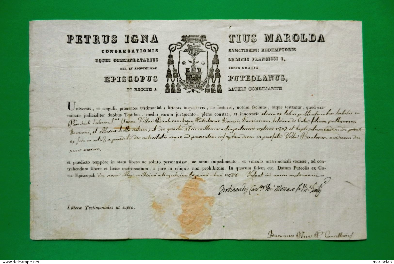 D-IT Bolla 1838 POZZUOLI (NAPOLI) Vescovo Petrus Ignatius Marolda - Historical Documents