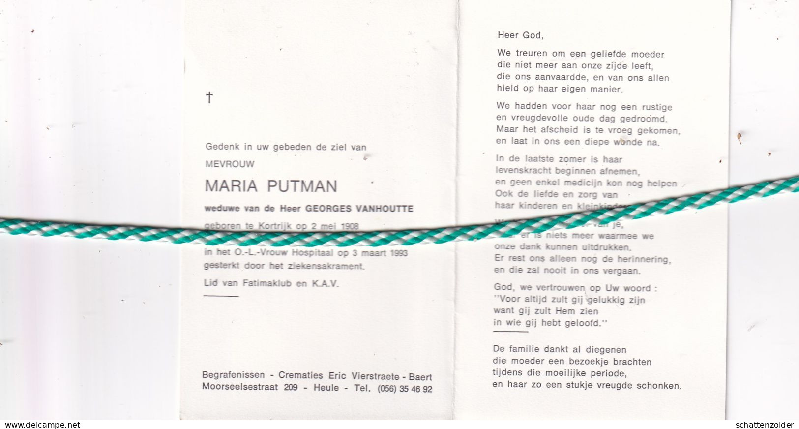 Maria Putman-Vanhoutte, Kortrijk 1908, 1993 - Décès