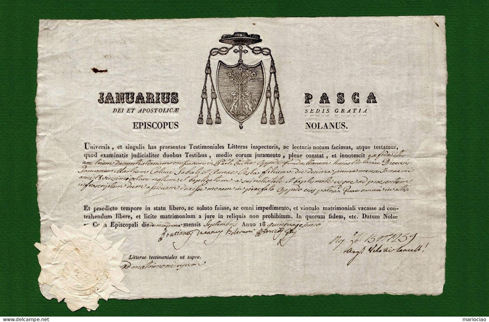 D-IT Bolla 1850 NOLA (Napoli) Vescovo Januarius Pasca - Historische Documenten