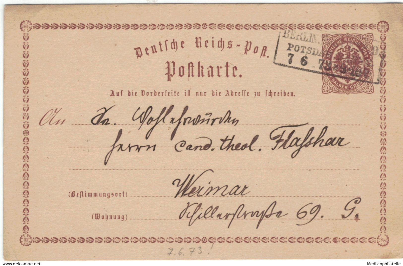 Ganzsache 1/2 Groschen - Berlin Potsdam 1873 > Weimar - Briefkaarten