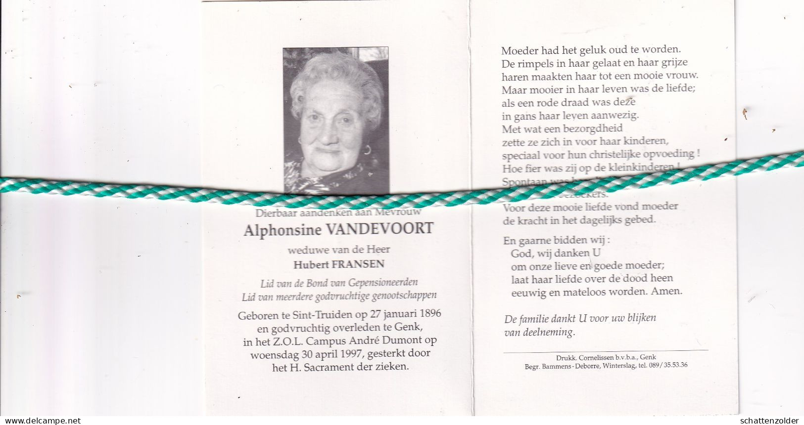 Alphonsine Vandevoort-Fransen, Sint-Truiden 1896, Genk 1997. Honderdjarige. Foto - Obituary Notices