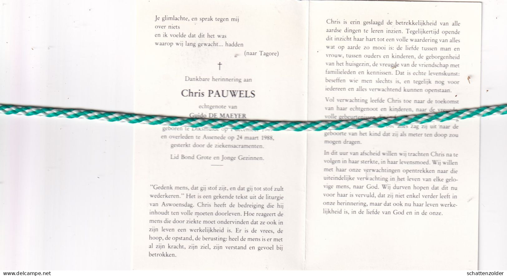 Chris Pauwels-De Maeyer, Diksmuide 1949, Assende 1988. Foto - Overlijden