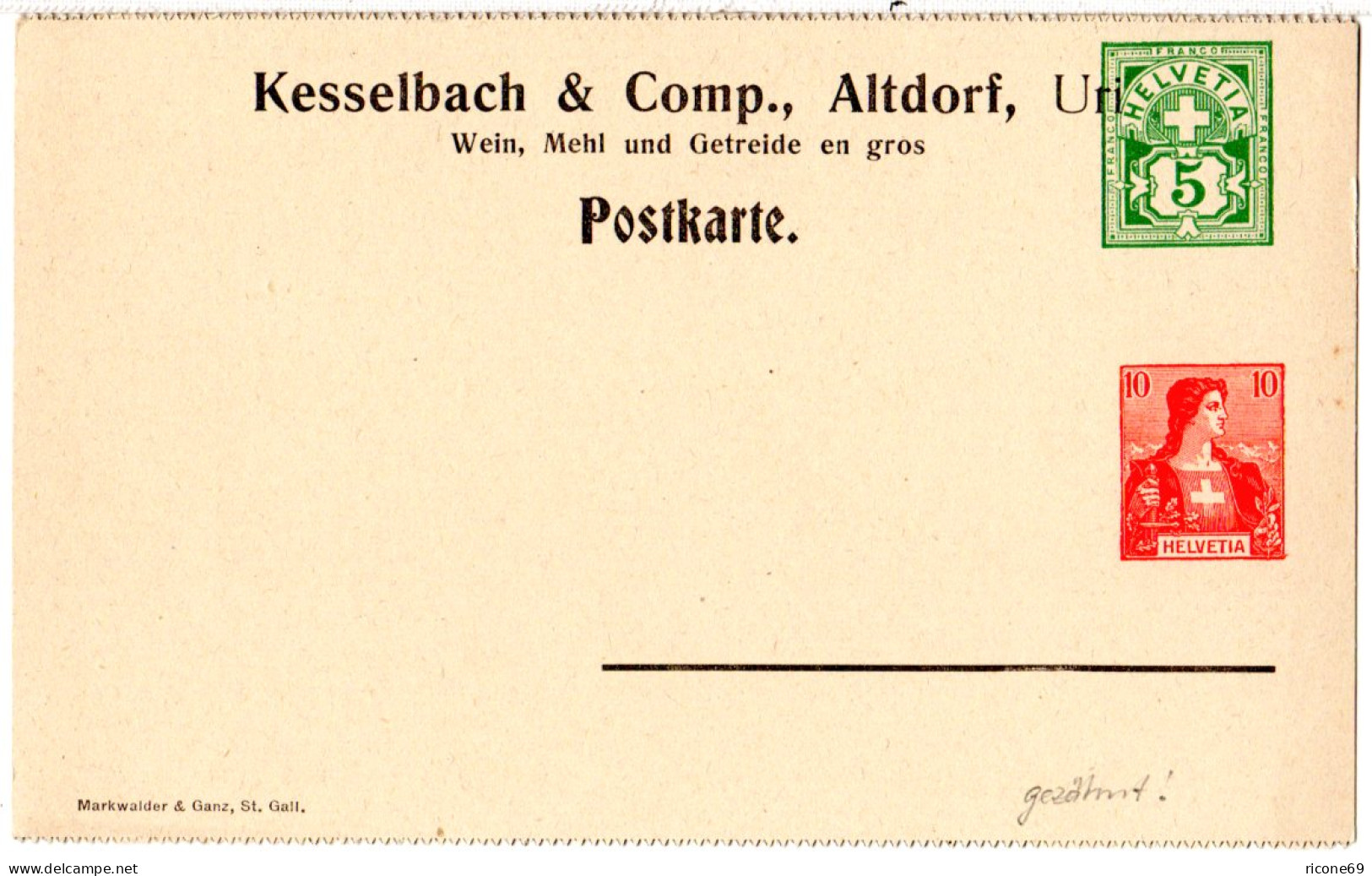 Schweiz, Gezähnte 5+10 C. Privat Ganzsachen Karte Kesselbach &. Comp., Altdorf - Brieven En Documenten