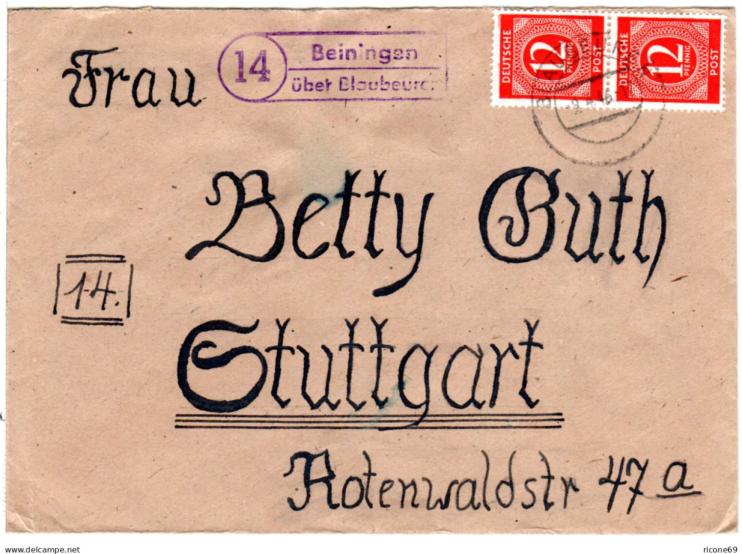BRD 1946, Landpoststempel 14 BEININGEN über Blaubeuren Auf Brief M. 2x12 Pf. - Collezioni