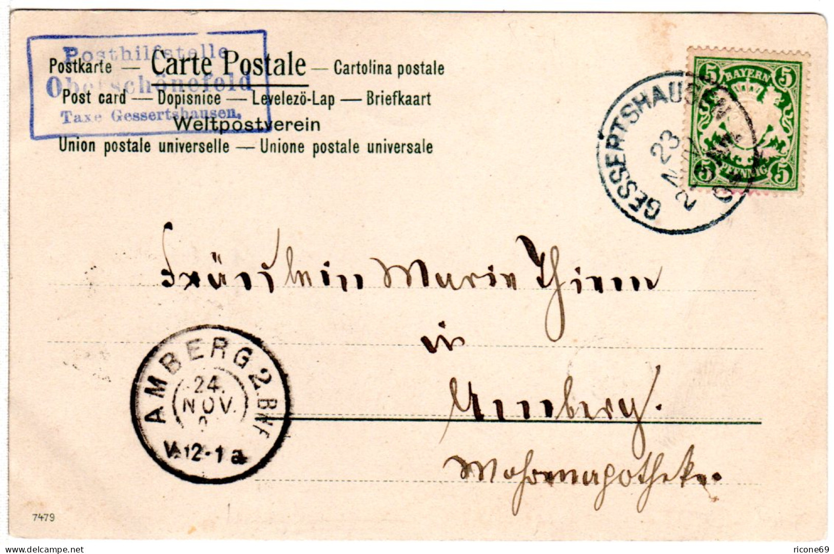 Bayern 1904, Posthilfstelle OBERSCHÖNEFELD Taxe Gessertshausen Auf Karte M. 5 Pf - Covers & Documents