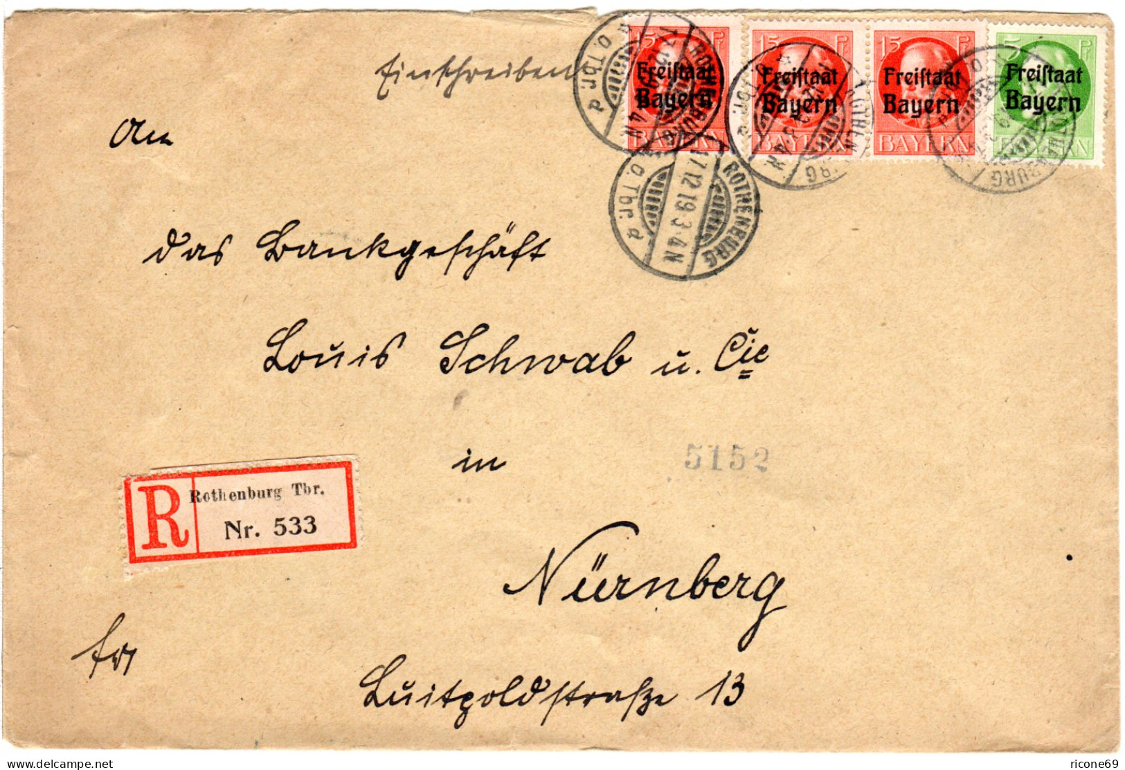 Bayern 1919, 5+3x15 Pf. Freistaat Auf Einschreiben-Brief V. Rothenburg Tbr. - Covers & Documents