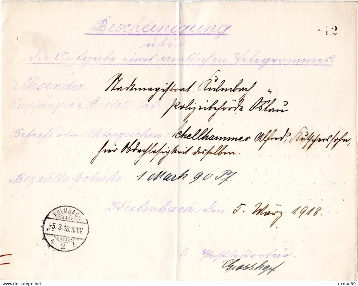 Bayern 1918, Hektographiertes Telegramm - Postformular M. K1 Kulmbach 2b - Covers & Documents