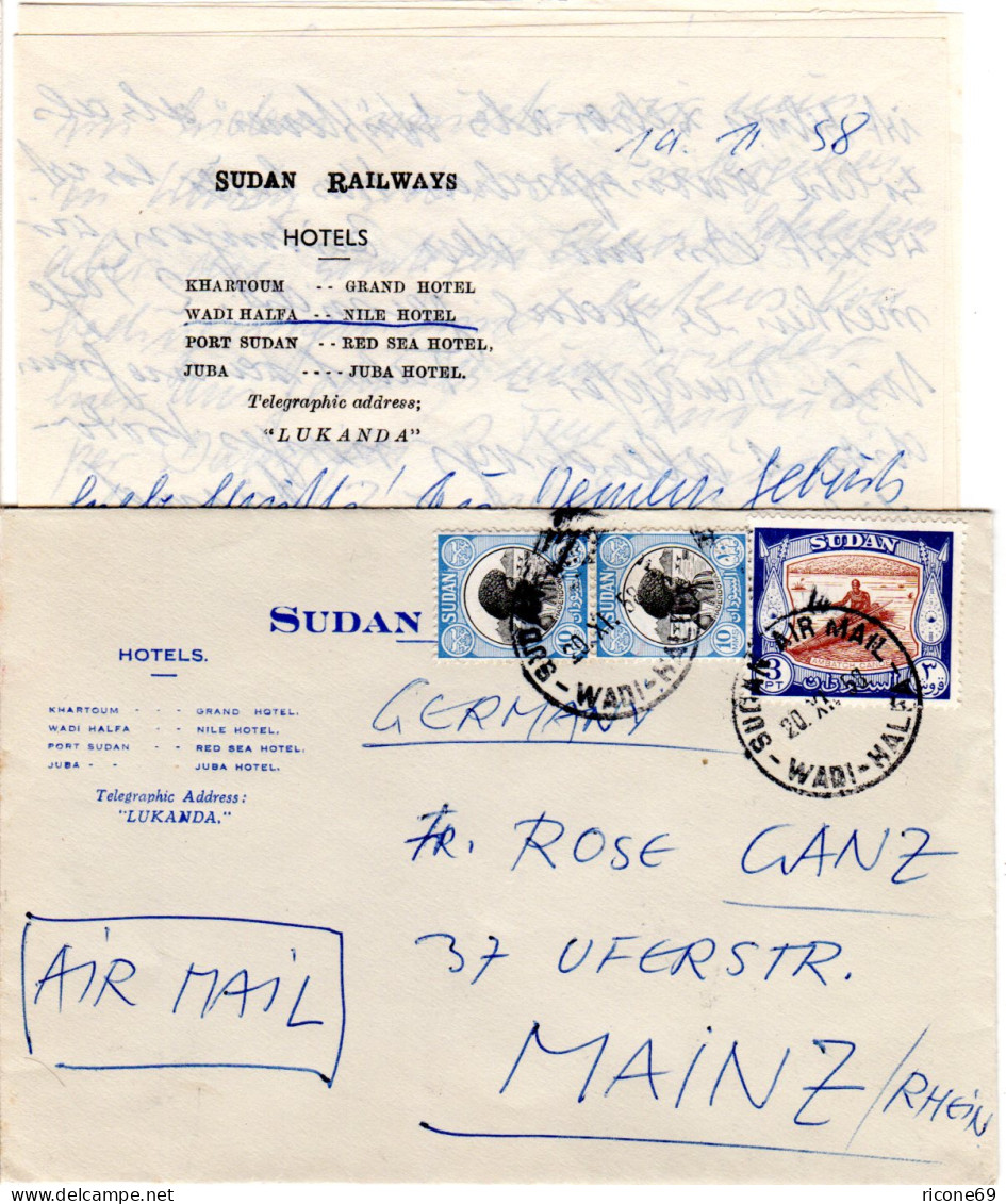 Sudan 1958, 3 Marken Auf Luftpost Hotel Brief V. Wadi-Halfa N. Deutschland - Soudan (1954-...)