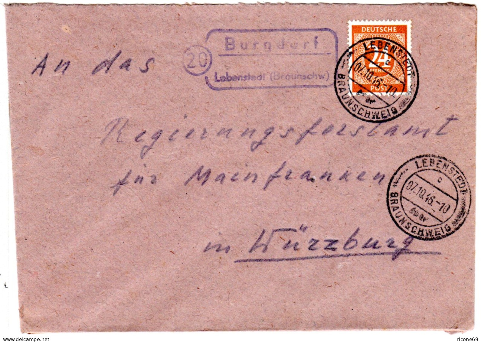 1946, Landpost Stpl. 20 BURGDORF über Lebenstedt Auf Brief M. 24 Pf. - Briefe U. Dokumente