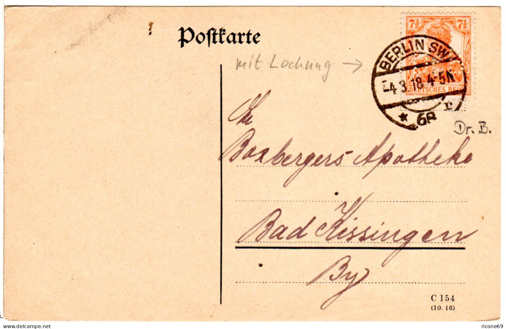 DR 1918, 7 1/2 Pf. Germania M. Perfin Dr.B. Auf Karte V. Berlin Neukölln. - Covers & Documents