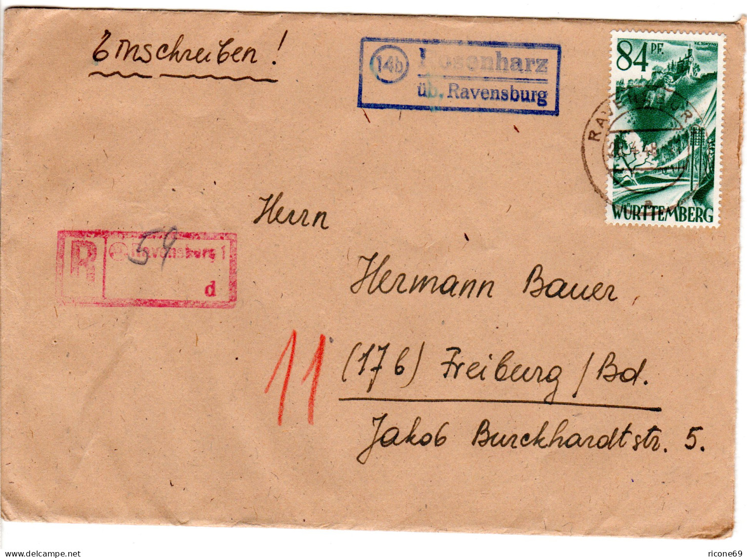 1948, Landpoststempel 14b ROSENHARZ üb. Ravensburg Auf Reko Brief M. 84 Pf. - Autres & Non Classés
