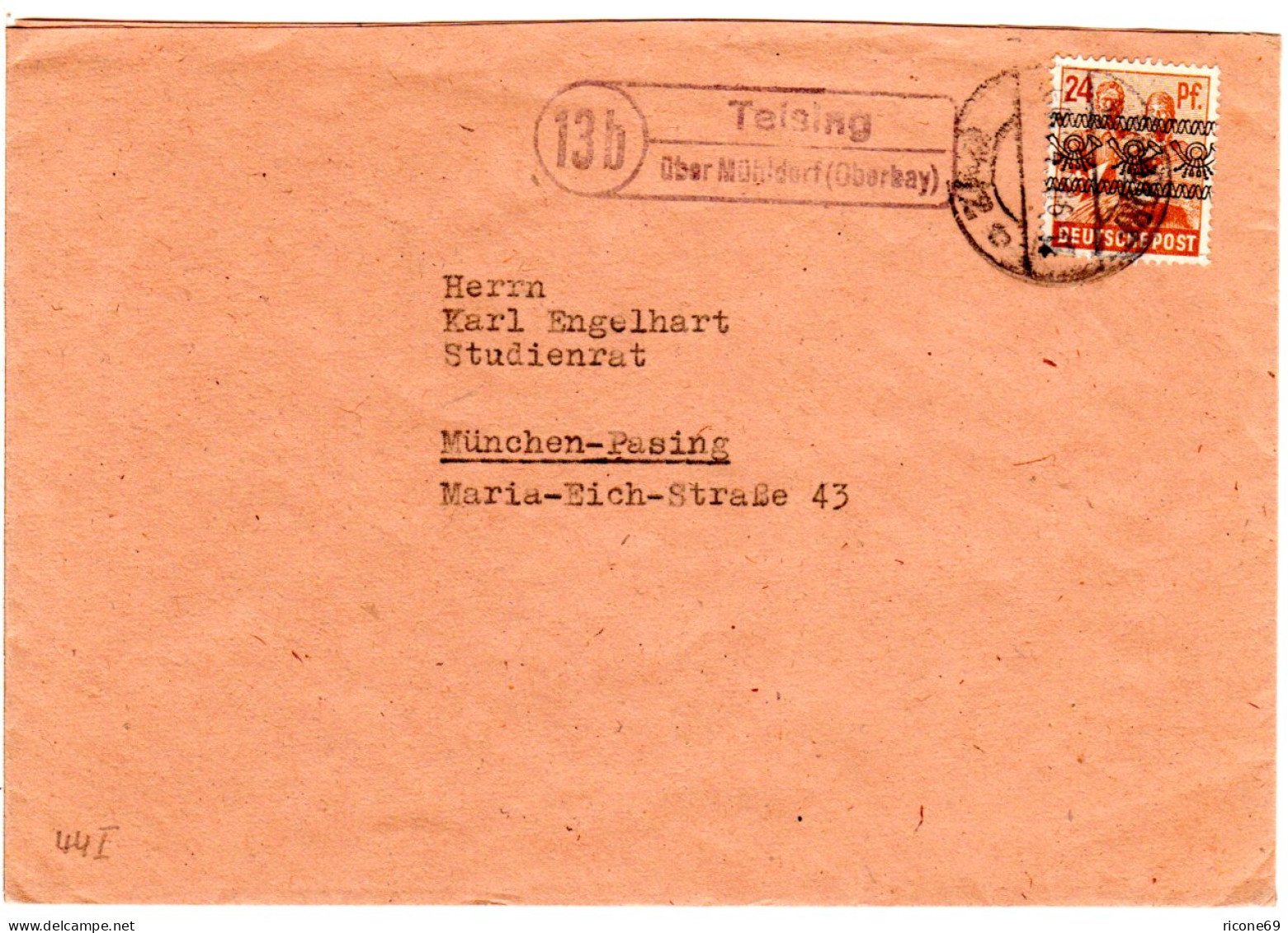 1946, Landpost Stpl. 13b TEISING über Mühldorf Auf Brief M. 24 Pf. - Storia Postale
