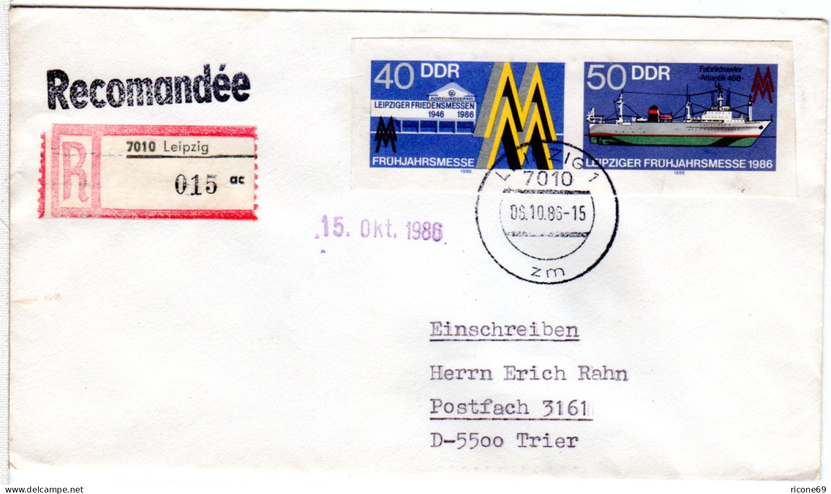 DDR 1986, Ganzsachenausschnitt 40+50 Pf. Leipziger Frühjahrsmesse Auf Reko-Brief - Briefe U. Dokumente