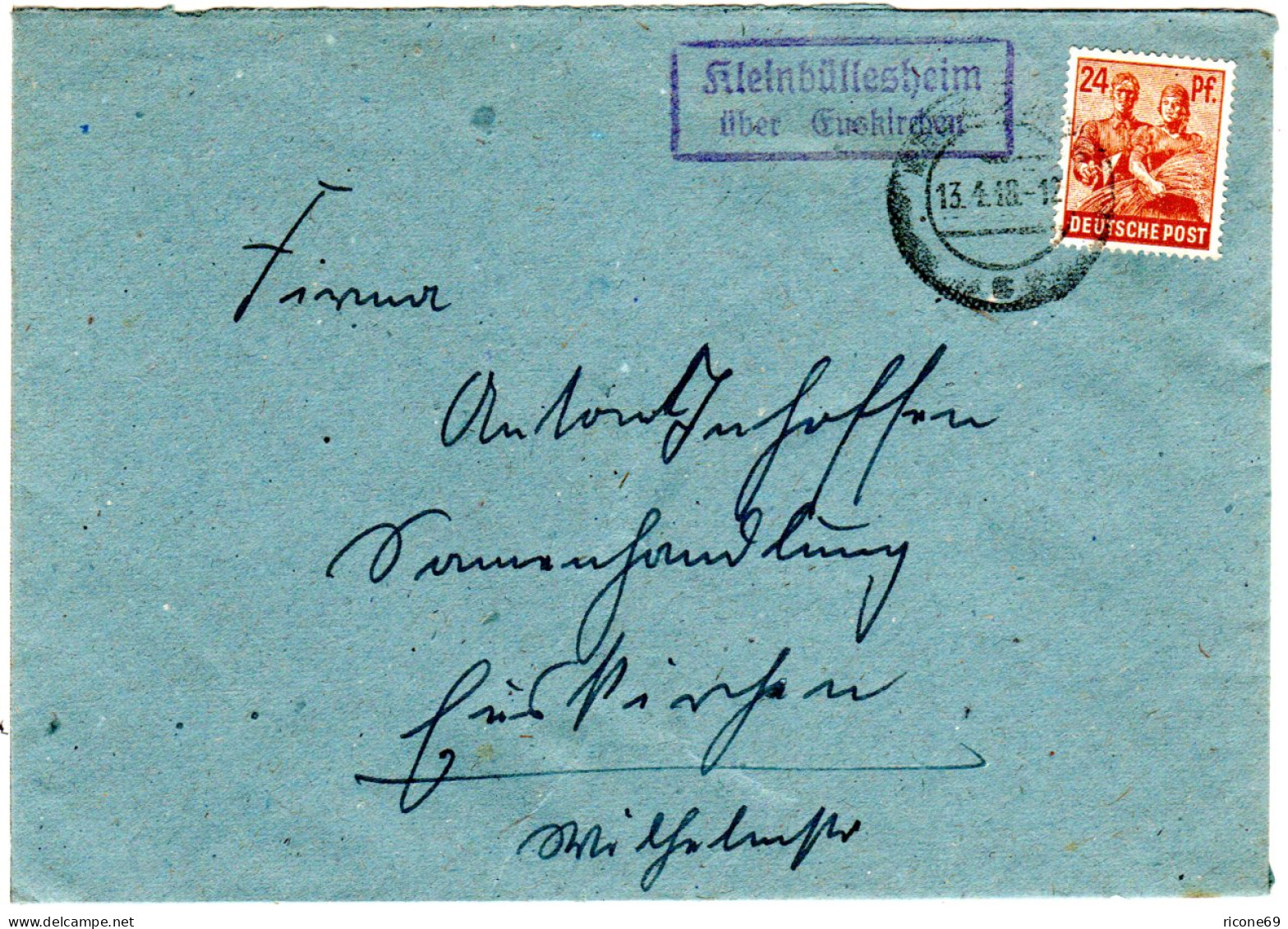 1948, Landpost Stpl. KLEINBÜLLESHEIM über Euskirchen Auf Brief M. 24 Pf. - Storia Postale