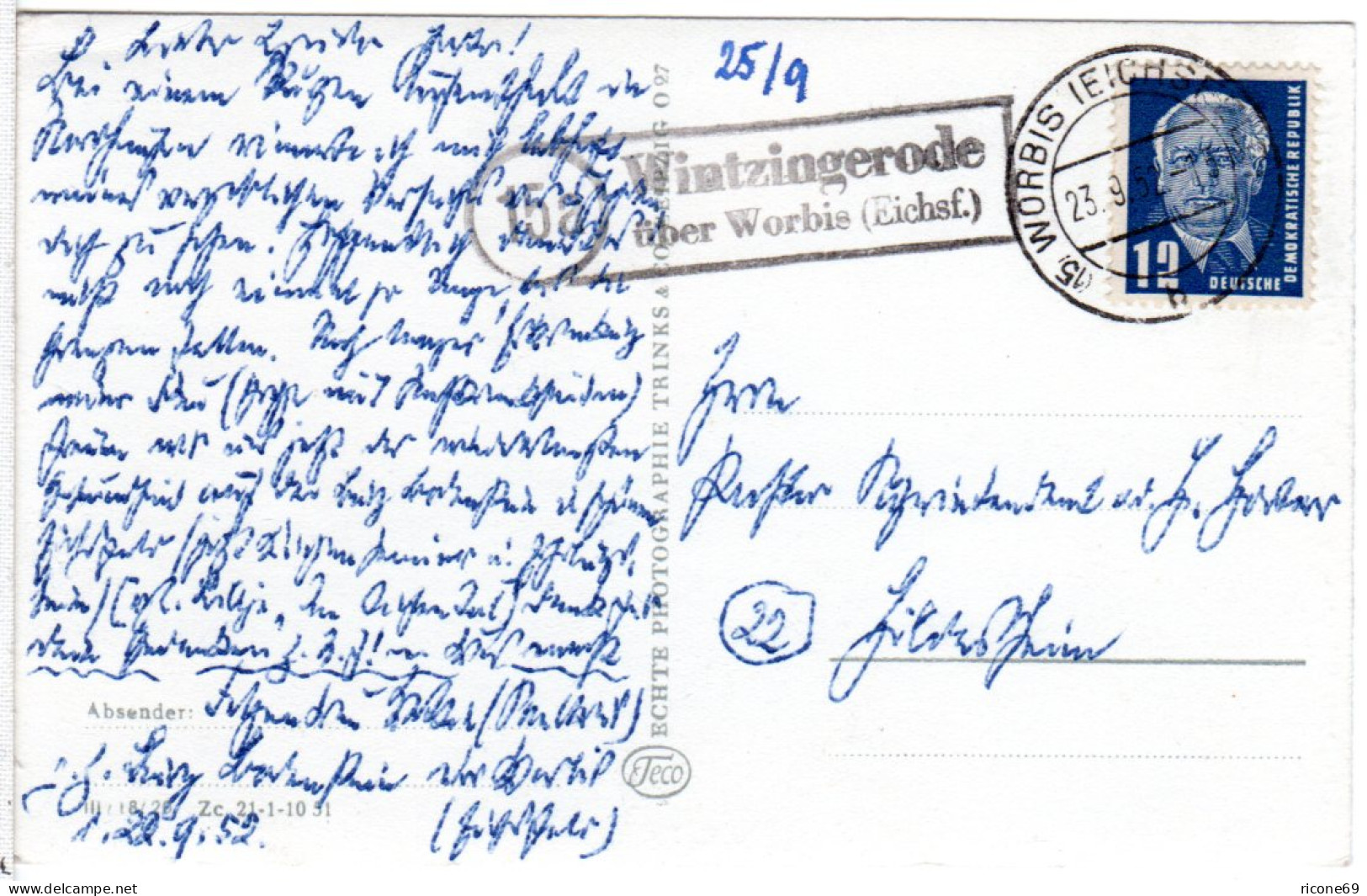 DDR 1950, Landpost Stpl. 15a WINTZINGERODE über Worbis Auf Karte M. 12 Pf. - Briefe U. Dokumente