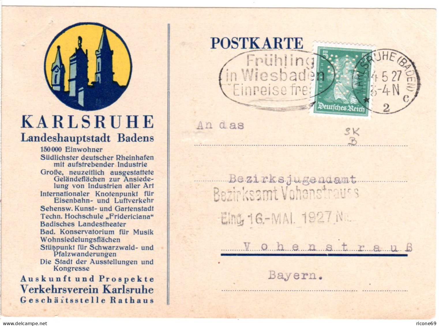 DR 1927, 5 Pf. M. Perfin Auf Karte Des Verkehrsverein Karlsruhe - Autres & Non Classés