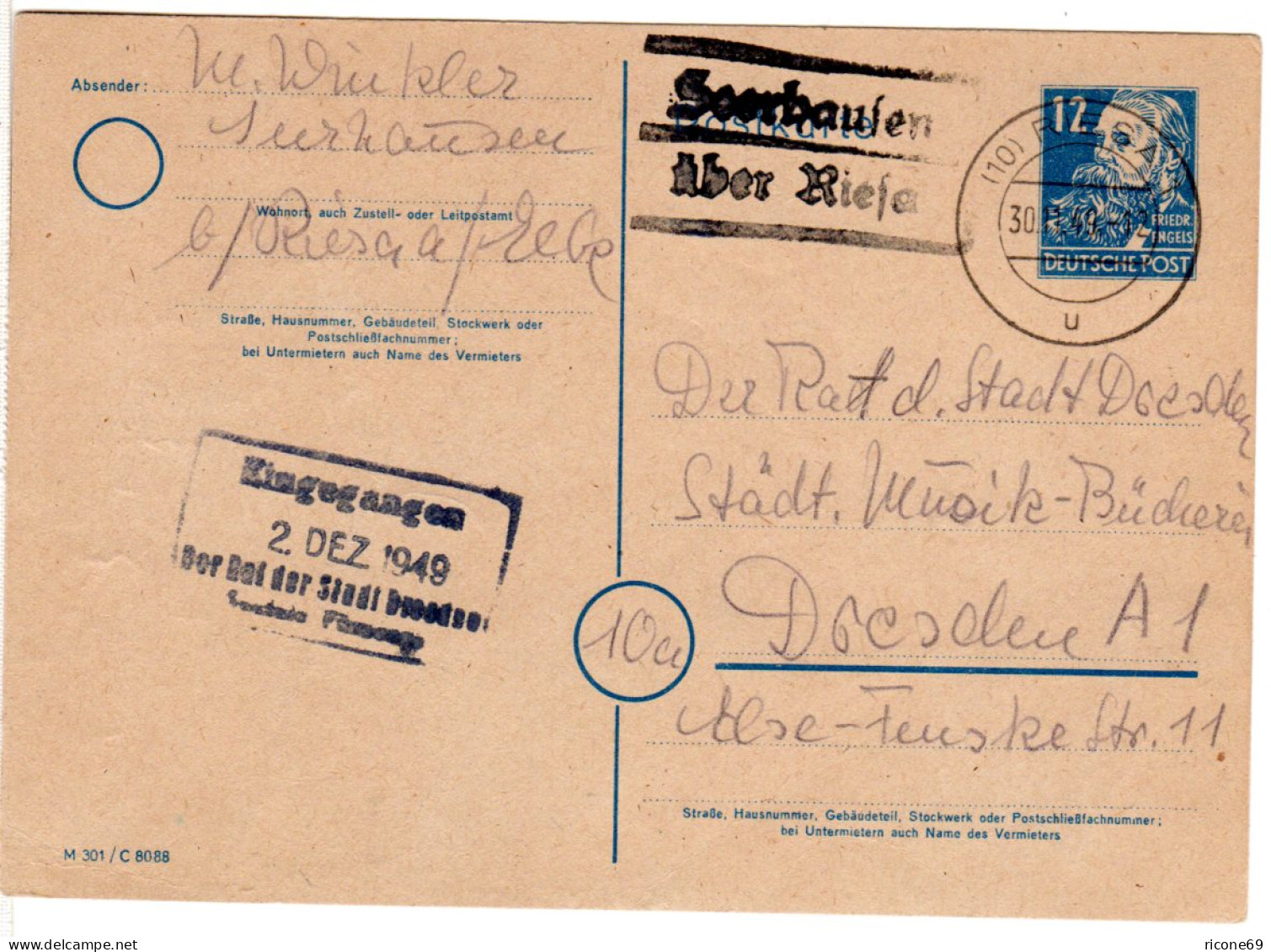 DDR 1949, Landpost Stpl. SEERHAUSEN über Riesa Auf 12 Pf. Ganzsache - Lettres & Documents