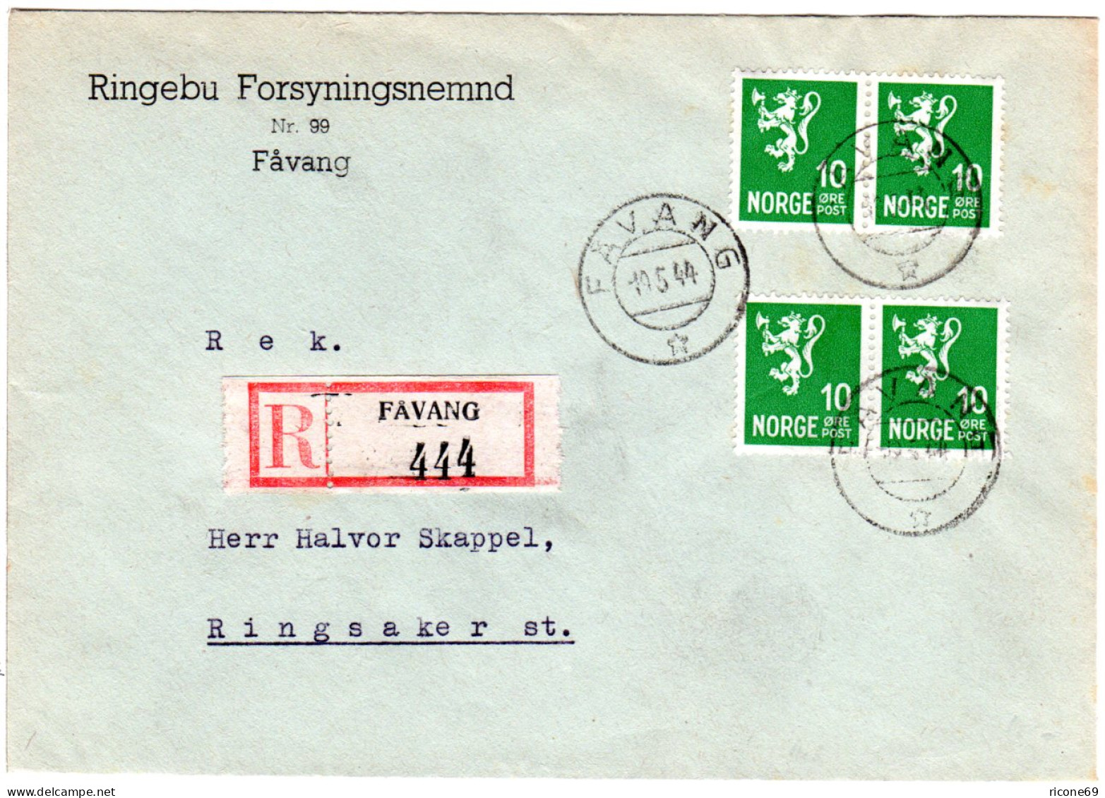 Norwegen 1944, MeF 4x10 öre Auf Einschreiben Brief V. Favang N. Ringsaker - Briefe U. Dokumente