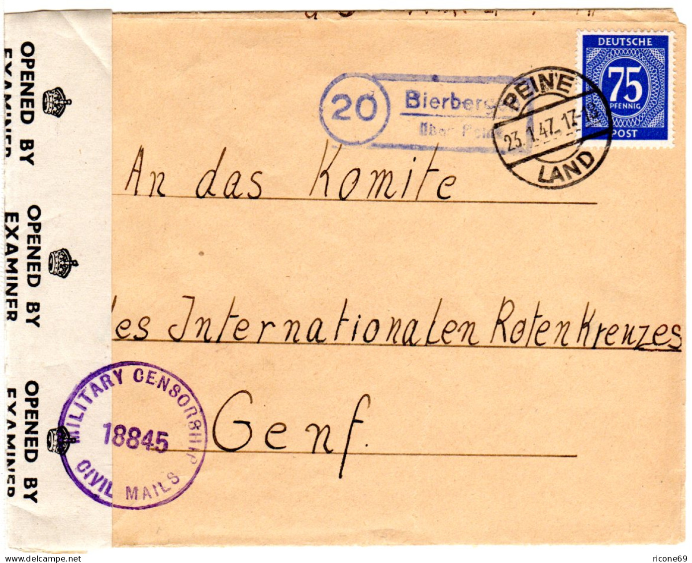 1947, Landpost Stempel 20 BIERBERGEN über Peine Auf Zensur Brief M. 75 Pf.  - Lettres & Documents