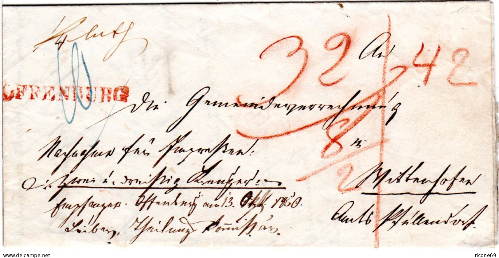 Baden 1850, Roter L1 OFFENBURG Auf Nachnahme Brief M. Botenlohn. - Prefilatelia